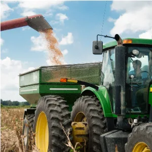 Imagem de um profissional do agronegócio realizando colheita de trigo com um trator.