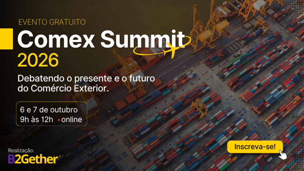 Imagem oficial do B2Gether Comex Summit 2026, o maior evento online de Comércio Exterior do Brasil. O evento é organizado pela B2Gether, empresa de câmbio especializada em intermediar e fechar operações financeiras de importação, exportação e pagamentos internacionais.