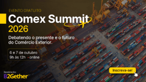 Imagem oficial do B2Gether Comex Summit 2026, o maior evento online de Comércio Exterior do Brasil. O evento é organizado pela B2Gether, empresa de câmbio especializada em intermediar e fechar operações financeiras de importação, exportação e pagamentos internacionais.