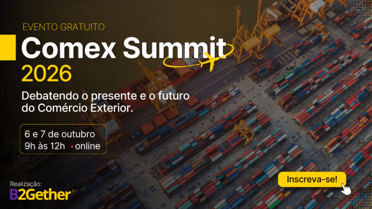 Imagem oficial do B2Gether Comex Summit 2026, o maior evento online de Comércio Exterior do Brasil. O evento é organizado pela B2Gether, empresa de câmbio especializada em intermediar e fechar operações financeiras de importação, exportação e pagamentos internacionais.