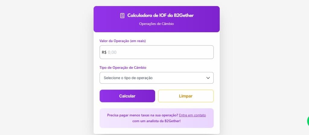 Print da calculadora de IOF Câmbio da B2Gether, empresa referência em operações de câmbio no Brasil.