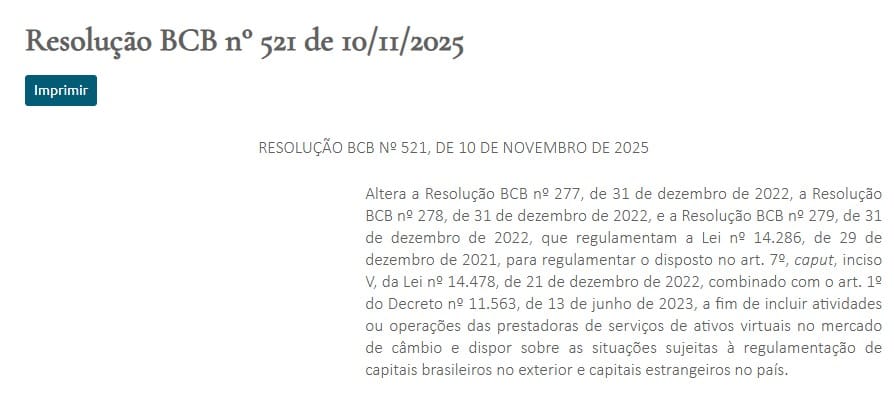 Print do site do Banco Central, mostrando uma das Resoluções que regulamenta os ativos virtuais no Brasil, como as stablecoins.