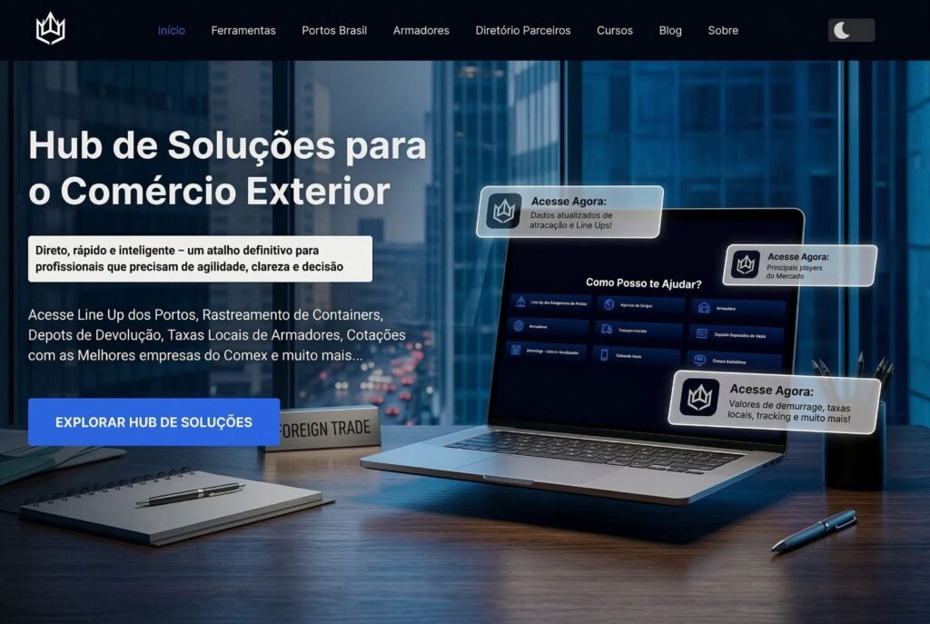 Imagem da plataforma Komeks, que é um hub de soluções voltadas para importadores, exportadores, despachantes aduaneiros e demais profissionais de comércio exterior.